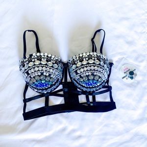 Freedoms Rave Wear Black Rhinestone Cage Bra